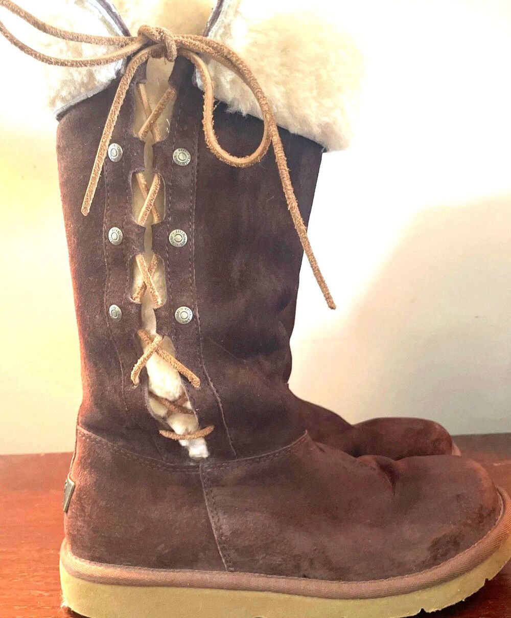 UGG AUSTRALIA UPSIDE Womens Size 8 Brown Suede Sheepskin Lace Up Boots 5163
